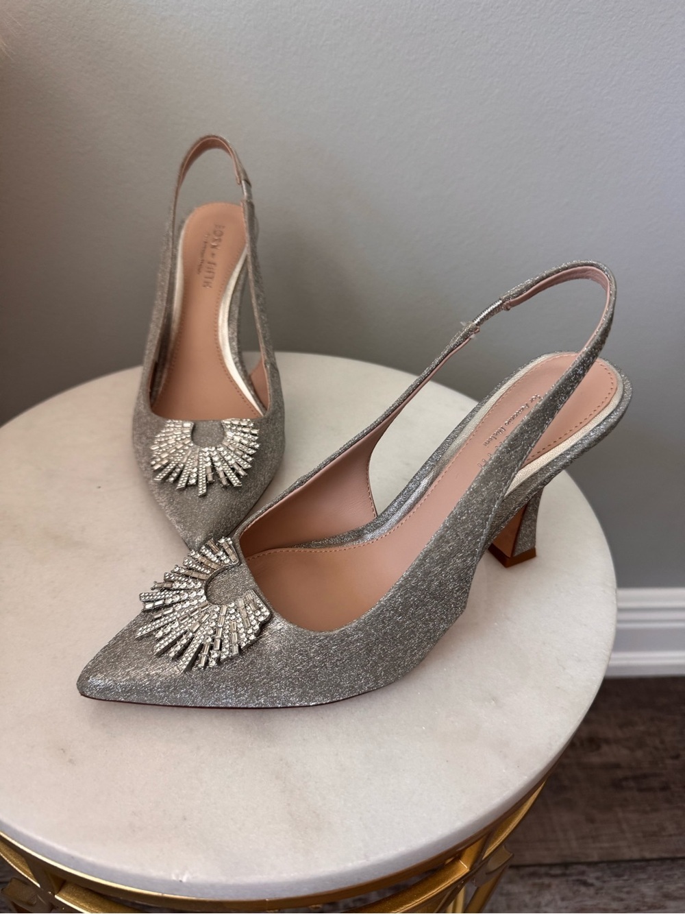 ANTONIO MELANI Silver Glitter Slingback Pumps with Radiant Crystal Sunburst